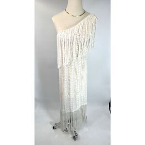 Ralph Lauren Blue Label White Crochet Dress Medium One Shoulder Fringe $998 NWT